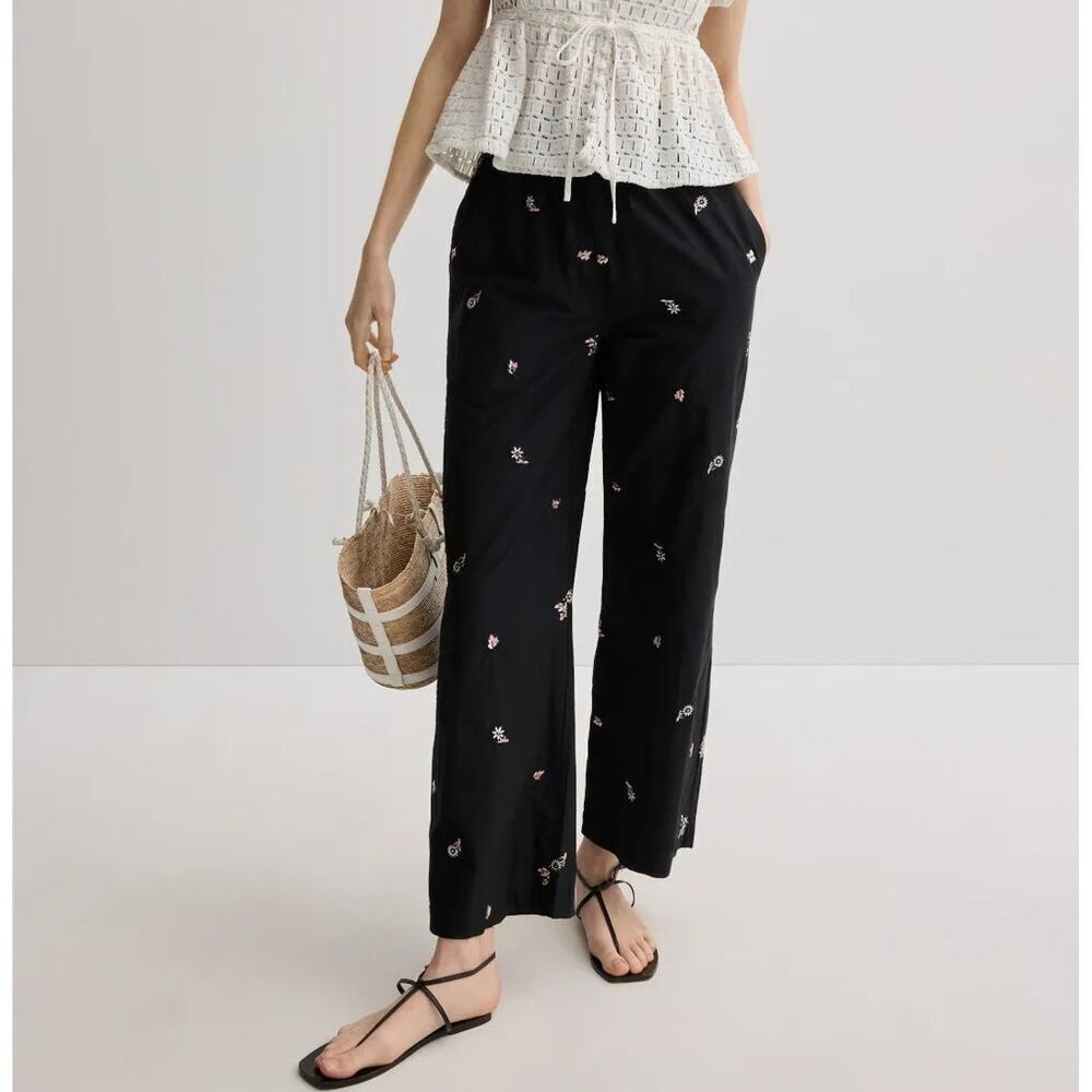 ROMY June Pants Silk Blend Floral Embroidered High Rise Relaxed Wide Leg Black M